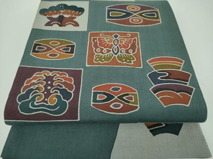 平和屋着物●六通柄袋帯 作家物 紬地 型染 吉祥花蝶文 正絹 逸品 未使用 DABB4227ps
