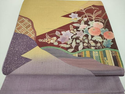 平和屋着物●中国三大刺繍 相良刺繍 太鼓柄袋帯 紬地 切嵌 秋草文 金糸 正絹 逸品 DABB4228ps