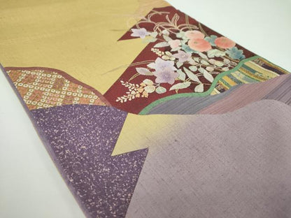 平和屋着物●中国三大刺繍 相良刺繍 太鼓柄袋帯 紬地 切嵌 秋草文 金糸 正絹 逸品 DABB4228ps