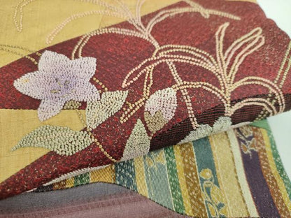 平和屋着物●中国三大刺繍 相良刺繍 太鼓柄袋帯 紬地 切嵌 秋草文 金糸 正絹 逸品 DABB4228ps