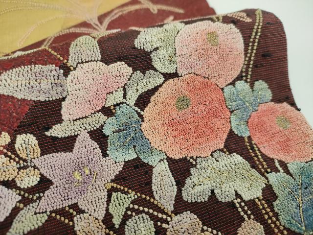 平和屋着物●中国三大刺繍 相良刺繍 太鼓柄袋帯 紬地 切嵌 秋草文 金糸 正絹 逸品 DABB4228ps