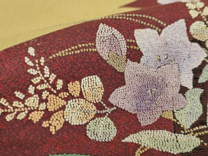 平和屋着物●中国三大刺繍 相良刺繍 太鼓柄袋帯 紬地 切嵌 秋草文 金糸 正絹 逸品 DABB4228ps