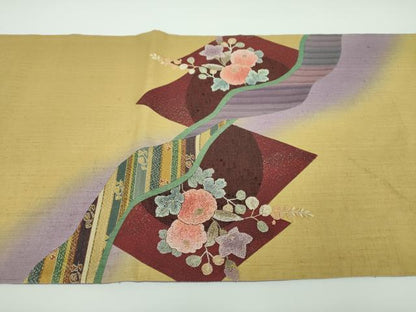 平和屋着物●中国三大刺繍 相良刺繍 太鼓柄袋帯 紬地 切嵌 秋草文 金糸 正絹 逸品 DABB4228ps
