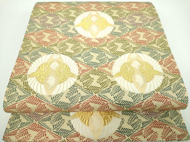 平和屋着物●両面 六通柄袋帯 唐織 松菱に鶴の丸文様 金糸 正絹 逸品 DABB4244ps