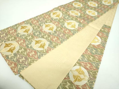 平和屋着物●両面 六通柄袋帯 唐織 松菱に鶴の丸文様 金糸 正絹 逸品 DABB4244ps