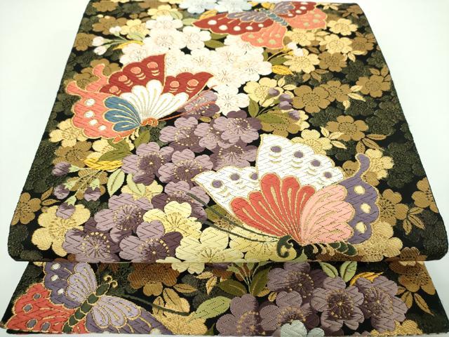平和屋着物●六通柄袋帯 舞夢 胡蝶枝枝垂れ桜 黒地 金糸 正絹 逸品 DABB4268ps