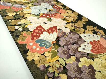 平和屋着物●六通柄袋帯 舞夢 胡蝶枝枝垂れ桜 黒地 金糸 正絹 逸品 DABB4268ps