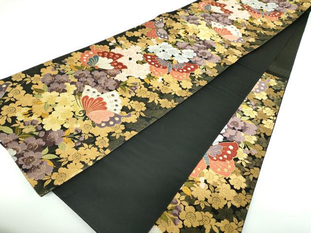平和屋着物●六通柄袋帯 舞夢 胡蝶枝枝垂れ桜 黒地 金糸 正絹 逸品 DABB4268ps