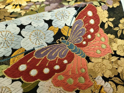平和屋着物●六通柄袋帯 舞夢 胡蝶枝枝垂れ桜 黒地 金糸 正絹 逸品 DABB4268ps