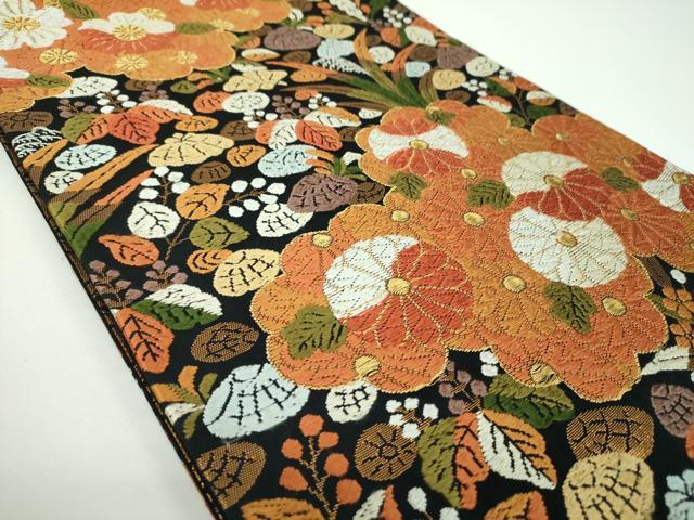 平和屋着物●西陣 河合美術織物謹製 六通柄袋帯 唐織 雲取り花文 貝殻 黒地 金糸 正絹 逸品 DABB4278ps