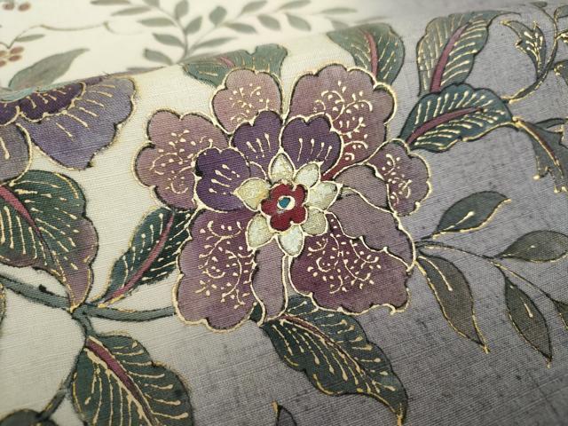 平和屋着物●太鼓柄袋帯 作家物 紬地 手描き 更紗花文 金彩 正絹 逸品 DABB4279ps