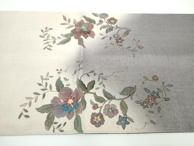 平和屋着物●太鼓柄袋帯 作家物 紬地 手描き 更紗花文 金彩 正絹 逸品 DABB4279ps