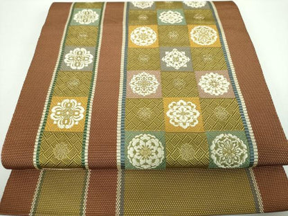 平和屋着物●本場筑前博多織 八寸名古屋帯 市松花文 金糸 正絹 逸品 DABB4296ps