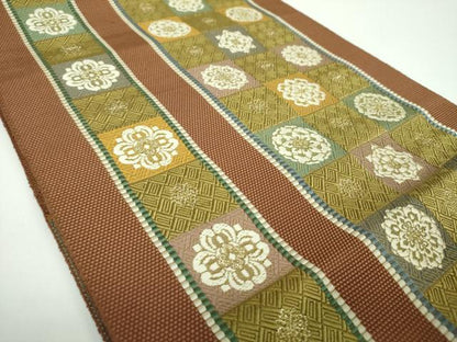平和屋着物●本場筑前博多織 八寸名古屋帯 市松花文 金糸 正絹 逸品 DABB4296ps