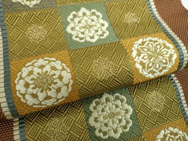 平和屋着物●本場筑前博多織 八寸名古屋帯 市松花文 金糸 正絹 逸品 DABB4296ps