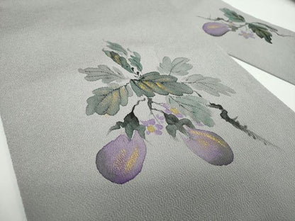 平和屋着物●九寸名古屋帯 手描き 成り物 茄子 金彩 鬼しぼ縮緬 正絹 逸品 DABB4297ps