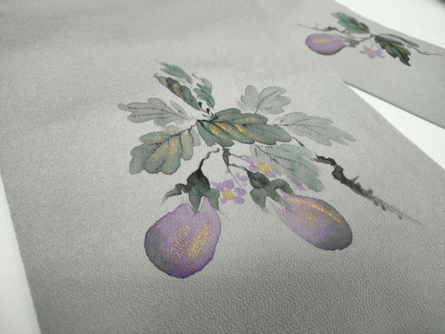 平和屋着物●九寸名古屋帯 手描き 成り物 茄子 金彩 鬼しぼ縮緬 正絹 逸品 DABB4297ps