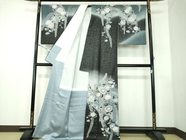 平和屋着物●訪問着 作家物 絞り 辻が花 黒地 暈し染め 銀通し地 正絹 逸品 DABB4314ps