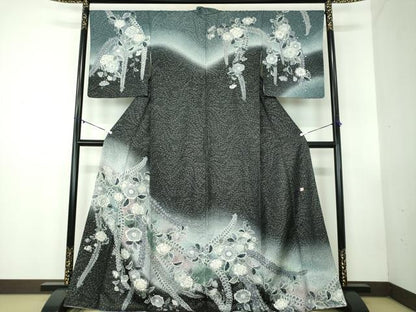 平和屋着物●訪問着 作家物 絞り 辻が花 黒地 暈し染め 銀通し地 正絹 逸品 DABB4314ps