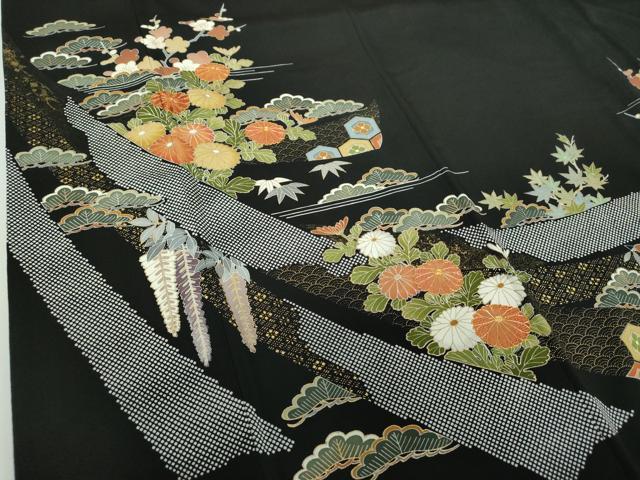 平和屋着物●創業460年・千總 黒留袖 駒刺繍 吉祥花熨斗文 金彩 正絹 逸品 DABB4336ps