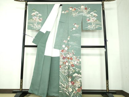 平和屋着物●訪問着 駒刺繍 渡橋飛鶴風景花文 暈し染め 金彩 正絹 逸品 DABB4360ps