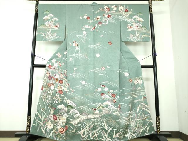 平和屋着物●訪問着 駒刺繍 渡橋飛鶴風景花文 暈し染め 金彩 正絹 逸品 DABB4360ps