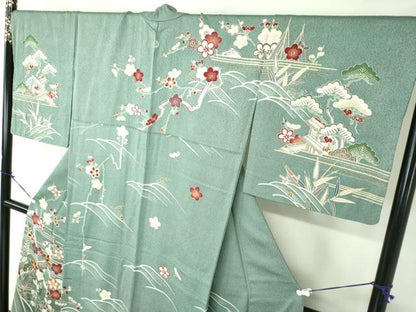 平和屋着物●訪問着 駒刺繍 渡橋飛鶴風景花文 暈し染め 金彩 正絹 逸品 DABB4360ps