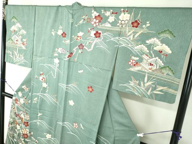 平和屋着物●訪問着 駒刺繍 渡橋飛鶴風景花文 暈し染め 金彩 正絹 逸品 DABB4360ps