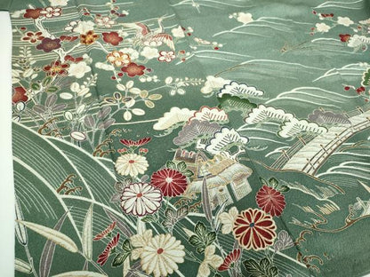 平和屋着物●訪問着 駒刺繍 渡橋飛鶴風景花文 暈し染め 金彩 正絹 逸品 DABB4360ps