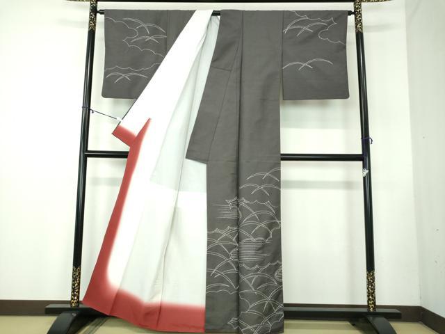 平和屋着物●訪問着 紬地 刺し子 総刺繍 雲取り芝文 正絹 逸品 DABB4363ps