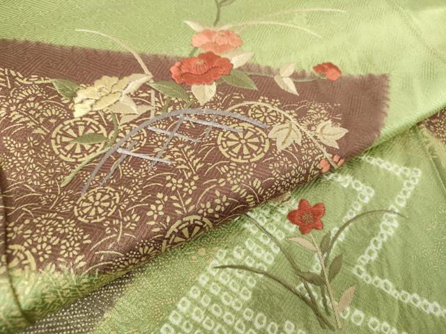 平和屋着物▼訪問着 絞り 刺繍 松皮菱花文 金彩 正絹 逸品 DABB4409ps