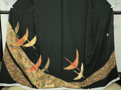 平和屋着物●豪華黒留袖 作家物 駒刺繍 飛鶴雪輪花文 金彩 仮絵羽 正絹 逸品 未使用 DABB4411ps