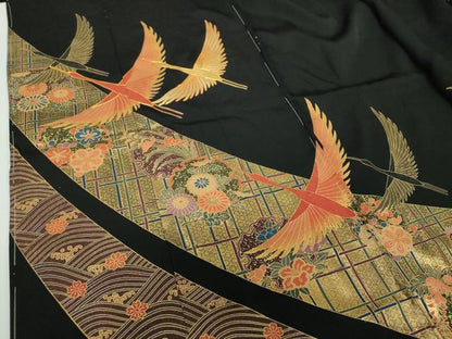 平和屋着物●豪華黒留袖 作家物 駒刺繍 飛鶴雪輪花文 金彩 仮絵羽 正絹 逸品 未使用 DABB4411ps