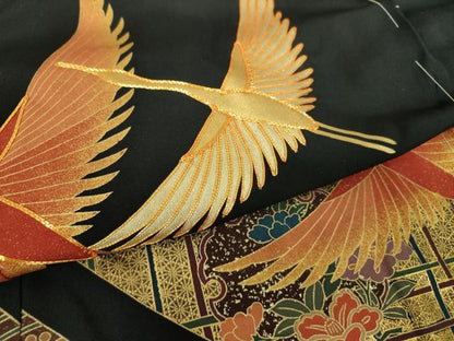 平和屋着物●豪華黒留袖 作家物 駒刺繍 飛鶴雪輪花文 金彩 仮絵羽 正絹 逸品 未使用 DABB4411ps