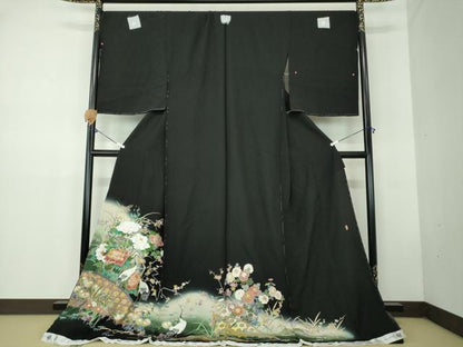 平和屋着物●豪華黒留袖 作家物 立鶴 籬吉祥花文 暈し染め 金彩 仮絵羽 正絹 逸品 未使用 DABB4412ps