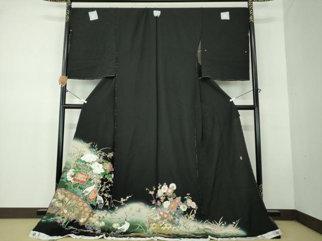 平和屋着物●豪華黒留袖 作家物 立鶴 籬吉祥花文 暈し染め 金彩 仮絵羽 正絹 逸品 未使用 DABB4412ps