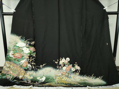 平和屋着物●豪華黒留袖 作家物 立鶴 籬吉祥花文 暈し染め 金彩 仮絵羽 正絹 逸品 未使用 DABB4412ps