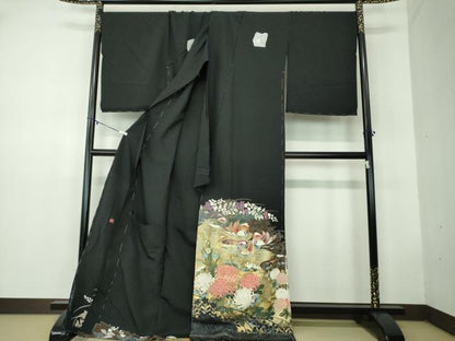 平和屋着物●染匠 久保耕 黒留袖 墨版友禅 刺繍 鴛鴦花文 金彩 仮絵羽 正絹 逸品 未使用 DABB4414ps