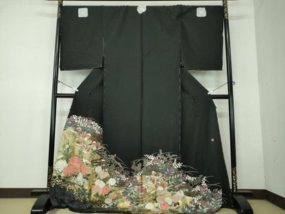 平和屋着物●染匠 久保耕 黒留袖 墨版友禅 刺繍 鴛鴦花文 金彩 仮絵羽 正絹 逸品 未使用 DABB4414ps