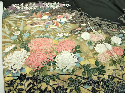 平和屋着物●染匠 久保耕 黒留袖 墨版友禅 刺繍 鴛鴦花文 金彩 仮絵羽 正絹 逸品 未使用 DABB4414ps