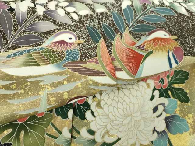 平和屋着物●染匠 久保耕 黒留袖 墨版友禅 刺繍 鴛鴦花文 金彩 仮絵羽 正絹 逸品 未使用 DABB4414ps