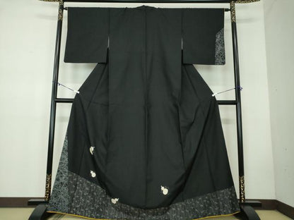 平和屋着物●訪問着 紬地 絞り 瓢箪 笹竹文 黒地 正絹 逸品 DABB4429ps