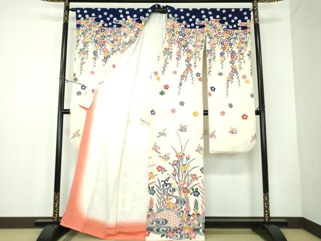 平和屋着物●豪華振袖 紅型 流水籬花鳥文 鬼しぼ縮緬 正絹 逸品 DABB4431ps