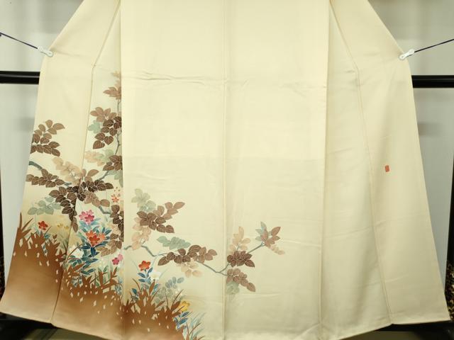 平和屋着物●訪問着 友禅 作家物 枝葉文 草花文 シルエット 正絹 逸品 DABB4440ps