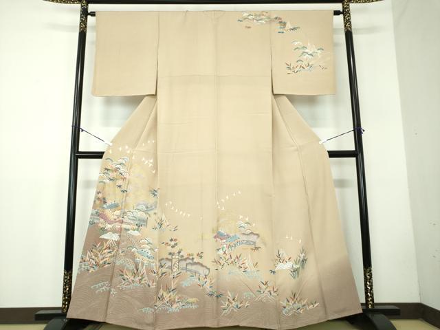 平和屋着物●訪問着 渡橋花鳥風景 暈し染め 金彩 正絹 逸品 DABB4444ps