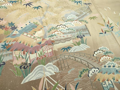 平和屋着物●訪問着 渡橋花鳥風景 暈し染め 金彩 正絹 逸品 DABB4444ps
