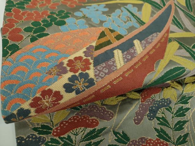 平和屋着物●西陣 白綾苑大庭 六通柄袋帯 唐織 秋草舟文 金糸 正絹 逸品 DABB4448ps