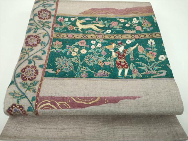 平和屋着物●中国三大刺繍 相良刺繍 太鼓柄袋帯 紬地 鳥獣更紗花文 金彩 金通し地 正絹 逸品 DABB4449ps
