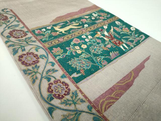 平和屋着物●中国三大刺繍 相良刺繍 太鼓柄袋帯 紬地 鳥獣更紗花文 金彩 金通し地 正絹 逸品 DABB4449ps