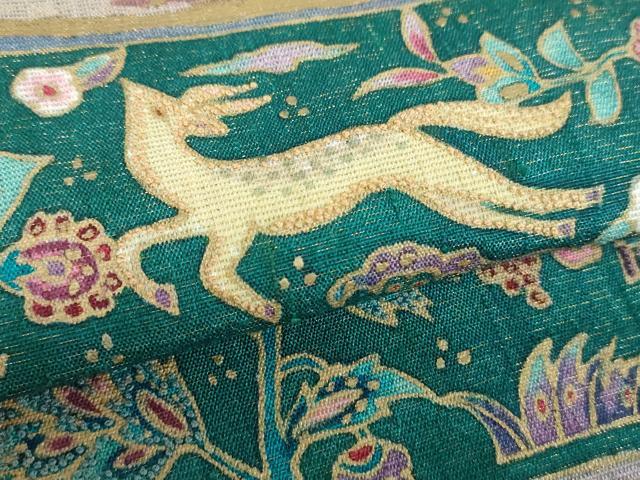 平和屋着物●中国三大刺繍 相良刺繍 太鼓柄袋帯 紬地 鳥獣更紗花文 金彩 金通し地 正絹 逸品 DABB4449ps
